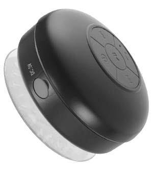 Enceinte Bluetooth étanche noire de 3 quarts avec sa ventouse transparente